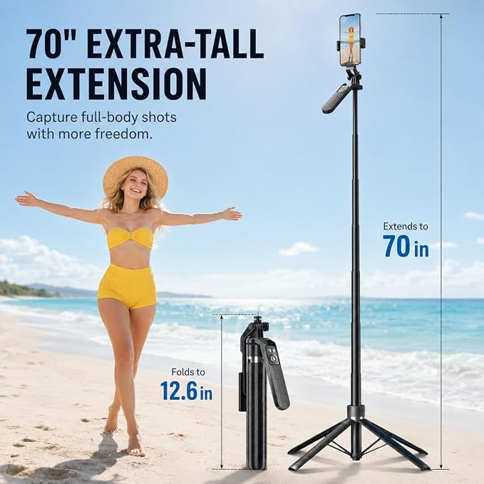 70" Phone Tripod Stand with Wireless Remote, Selfie Stick for iPhone Samsung Android, Portable Cell Phone Holder for Video Recording Photos Vlogging Travel - Image 2