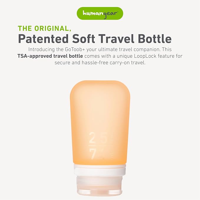 humangear GoToob+ (Medium) | Refillable Silicone Travel Bottle | Locking Lid | Food-Safe Material | Orange, Medium (2.5 fl.oz.; 74ml) | Refillable & Leak-Proof Silicone Travel Size Bottles with Locking Cap for Toiletries, Camping & TSA Carry-On - Image 2