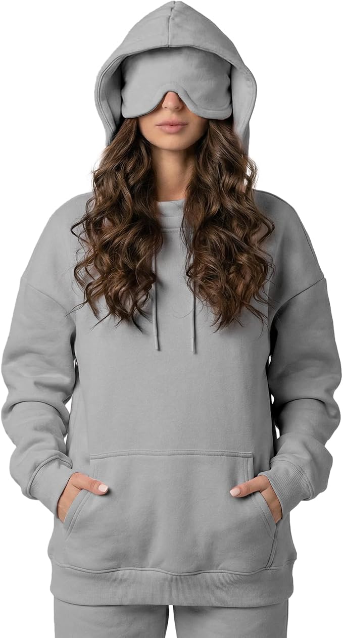 Ainangua Womens Oversized Pullover Essentials Hoodie with Eye Mask Comfor Airplane Mode Travel Office Vacation Sweatshirt (Gray,L) by Ainangua