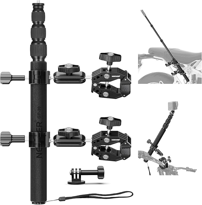 NEEWER Motorcycle Camera Mount Kit, Bicycle Handlebar Invisible Selfie Stick with Dual Ball Heads, Super Clamps, Action Camera Adapter Compatible with GoPro Insta360 DJI AKASO Action Cameras, GP-30 by Neewer