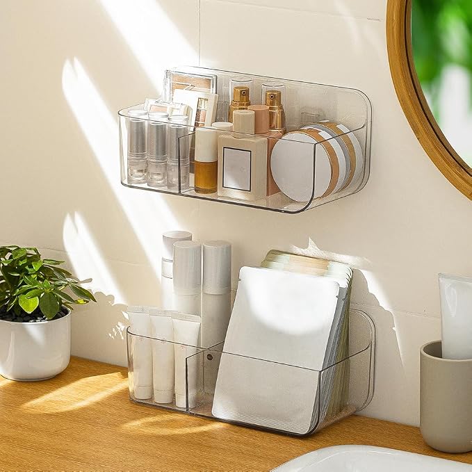 2 Pack Wall Mount Storage Organizer, Clear Storage Box Holder Basket with 3 Compartments No Drilling Hang Walls/Doors for Kitchen, Cabinet, Bathroom, Bedroom, Office - Image 3