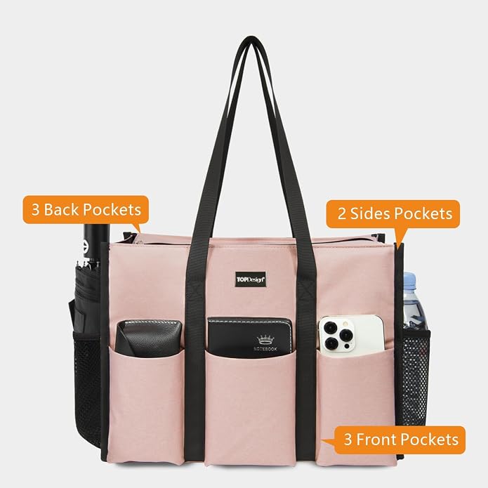 TOPDesign Utility Water Resistant Tote Bag with 13 Pockets, Top Zipper Closure & Thick Bottom Support, for Working Women - Image 3