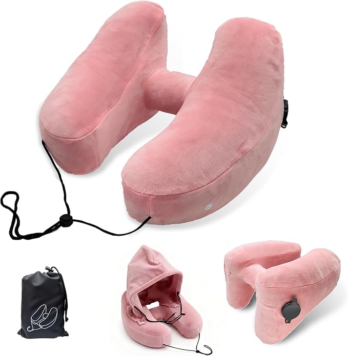 H-Shaped Travel Pillow with Snap-On Hood – Ergonomic Neck Support with Plush Velvet Cover, Instant Inflation & Compact Bag – for Airplane, Car, Office & Long Trips (Pink) by BALANCEBLOOM