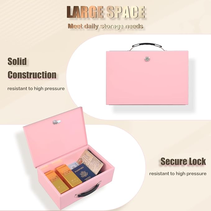 xydled Fireproof Document Box with Key Lock, Fire Safe Box, Pink | Fire and water resistant lock box for documents, passports, cash and valuables, keeping secure at home, 12.8 x 8.5 x 4.5 Inch - Image 2