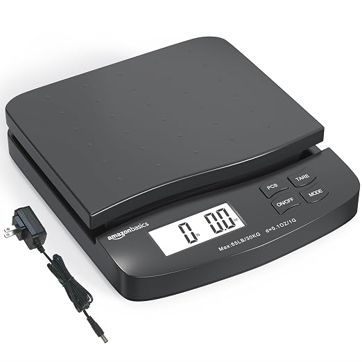 Amazon Basics Digital Postal Shipping Scale with Tare Function, AC Adapter, 65 lb Capacity, 0.1 oz Readability, LCD Display, Black by AmazonBasics