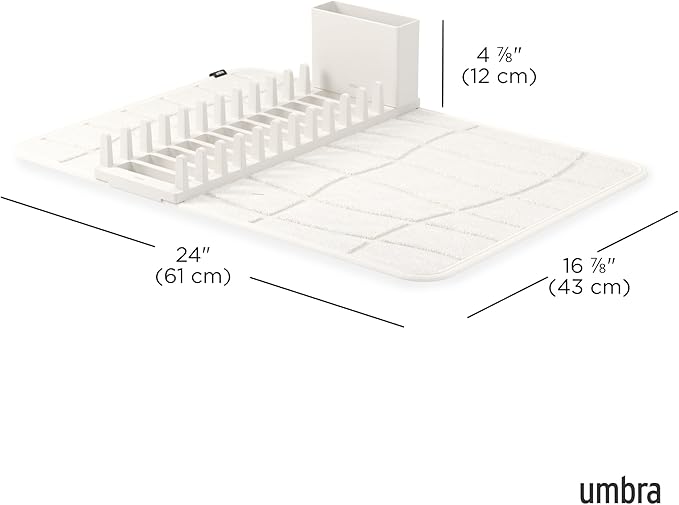 Umbra Udry Dish Drying Rack with Microfiber Mat, Foldable Drainer, Sand | Machine washable, protects countertops, utensil holder, compact space saving design - Image 3