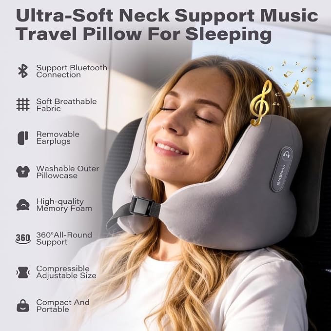Neck Travel Pillows for Airplanes with Bluetooth, Premium Memory Foam Neck Pillow, Noise Reducing Travel Pillow for Long Flight, Office, Cars, Home, Sleeping and Rest, Gray - Image 7