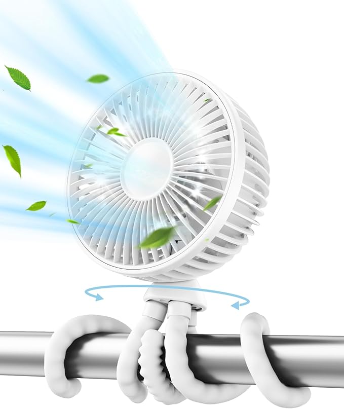 Gaiatop Oscillating Baby Stroller Fan with LED Lights, Rechargeable White | 4-Speed Quiet Cooling, 4.6 In, Battery Operated, 360° Rotate Clip On Small Portable Fans for Car Seat Crib Treadmill Travel by GAIATOP