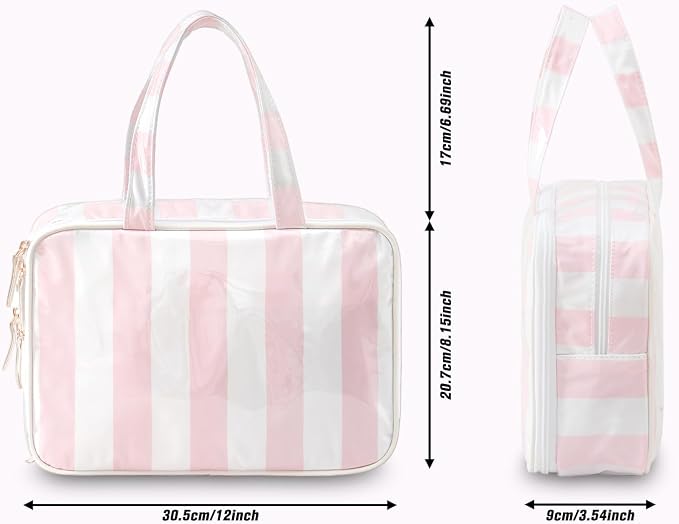 Toiletry Bag for Women, White and Pink Stripe | Clear Coated,Waterproof,Multiple Compartment,Open Flat,Handle,Travel Organizer for Shampoo,Conditioner,Cosmetic Accessories - Image 4
