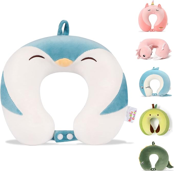 Memory Foam Travel Neck Pillow for Teens and Adults, Penguin Design | Removable cover, machine washable, 360-degree head & chin support, 17 in neck size for teens and adults, car & airplane use by NiuniuDaddy