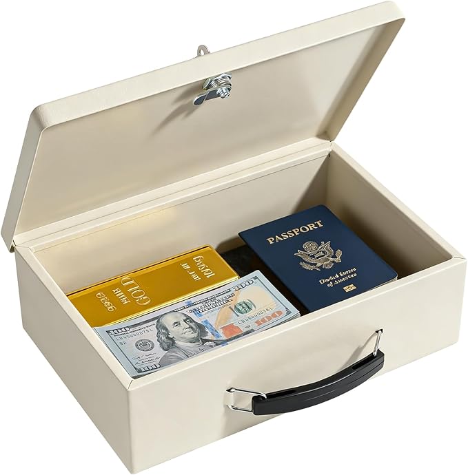 KYODOLED Fireproof Document Box with Key Lock, Small Safe Box for Valuables, Fire and Water Resistance, Fireproof Lock Box for Passport, Cash, Tablet, Exterior 12.6'' x 8.3'' x 3.58'' Beige by KYODOLED
