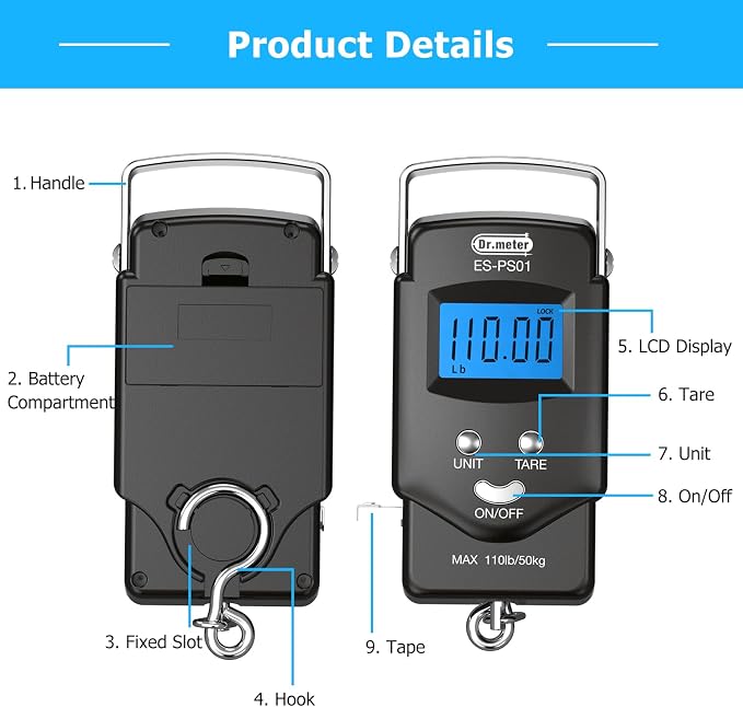 Dr.meter Fish Scale, 110 lb Digital Luggage Scale with Tape | 110 lb Capacity, Backlit LCD, Built-In Tape, Includes 2 AAA Batteries, Compact Pocket Size - Image 7