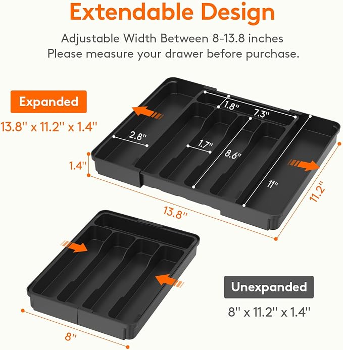 Lifewit Expandable Silverware Drawer Organizer, Kitchen Utensil Tray | BPA-free Plastic Flatware Cutlery Holder, Space-Saving Storage for Spoons Forks Knives, 8-13.8 x 11.2 x 1.4“, Black - Image 3
