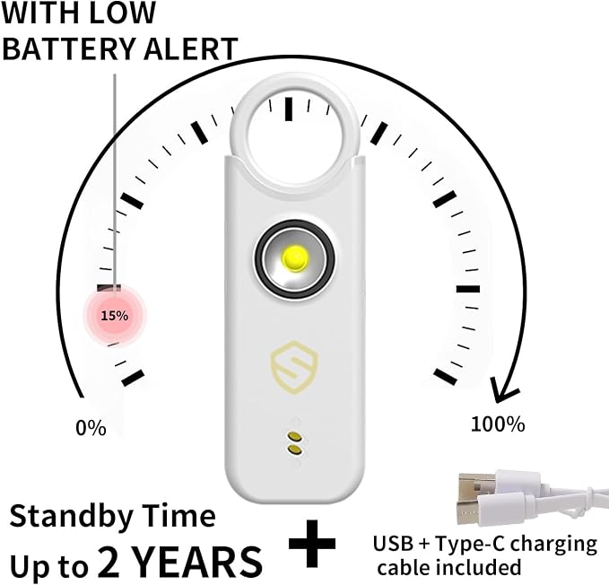 Personal Alarm for Women, Men, Kids, Elderly, Self Defense - Designed by Women 140DB Extra Speakers Alarm with Strobe Light, Rechargeable, Safety Alarms and Premium Keychain (Pure White) - Image 3