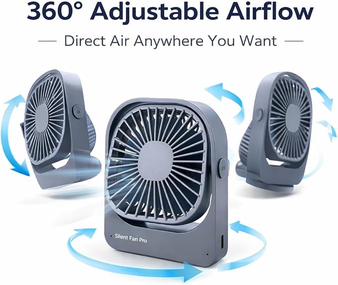 Portable Desk Fan,High-Capacity USB Rechargeable Cordless Small Fan with 360° Rotation, 3 Speeds Ultra Quiet Personal Fan for Office Desk, Travel, Home, Cruise Essentials (Grey) - Image 5