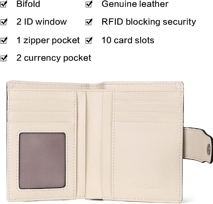 BOSTANTEN Leather Womens Wallet Small RFID Blocking Credit Card Holder | Removable ID Window, Zipper Coin Pocket, Bifold, Minimalist, Fits Small Purses, Daily Use, Ladies Gifts, Black-Beige - Image 3