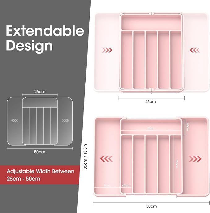 Aujen Silverware Drawer Organizer, Adjustable Utensil Cutlery Tray | Expandable Kitchen Organizer for Forks Knives, Multipurpose Kitchen Storage, Apartment Essentials, Pink, Large - Image 2