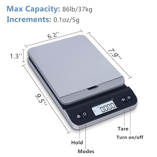 QP Shipping Scale, 86lb/0.1oz High Accuracy Digital Postal Scale for Packages, Hold/Tare Function, Backlit LCD Display, Flip-up Holder, Postage Scale, Mail Scale, Battery & Tape Measure Included - Image 3