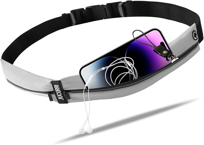 Slim Running Belt for Women and Men, Waterproof Phone Holder for Running, Reflective 2-Pocket Waist Pack for Storing Runner's Essentials Safely, Runner's Fanny Pack, Money Belt Fits Most Phones, Grey by Unknown