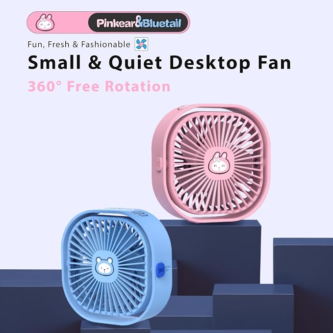 Small Desk Fan, 3 Speed Settings, USB Table Fans for Bedroon, Home/Office/Dorm, Quiet, Cute Mini Fan for Kids, Indoor/Outdoor, F101 (Pink Bunny) - Image 2