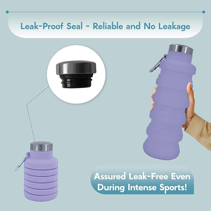 Collapsible Water Bottles 17oz, Odorless BPA-Free Silicone, Leak-Proof Foldable Reusable Bottle - Perfect for Travel Sports Gym Hiking Camping Cycling - Lavender - Image 5