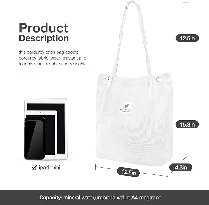 LHMTQVK Corduroy Tote Bags for Women, Large Capacity Tote Purse Reusable Grocery Shoulder Bag with Inner Pockets - Image 3