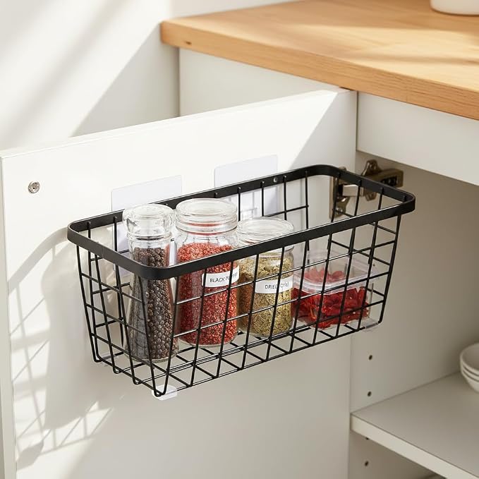4 set Hanging Wall Basket Organizer,Over the Cabinet Door Wire Baskets for Organizing -Space-Saving Hanging Baskets for Organizing,Wall Mount Storage,No Drilling Adhesive Wall Storage Basket, Black - Image 3