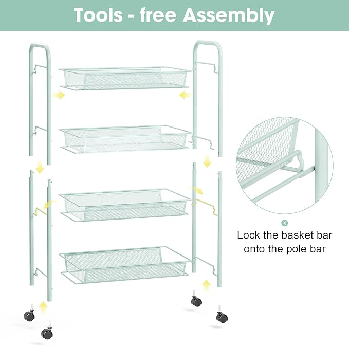 TOOLF 4 Tier Rolling Cart, Metal Utility Storage Cart with Wheels, Green | 3 Hooks, Screwless Assembly, Trolley Organizer for Bathroom, Kitchen, Office, Nursery, Dorm, Laundry Room - Image 5