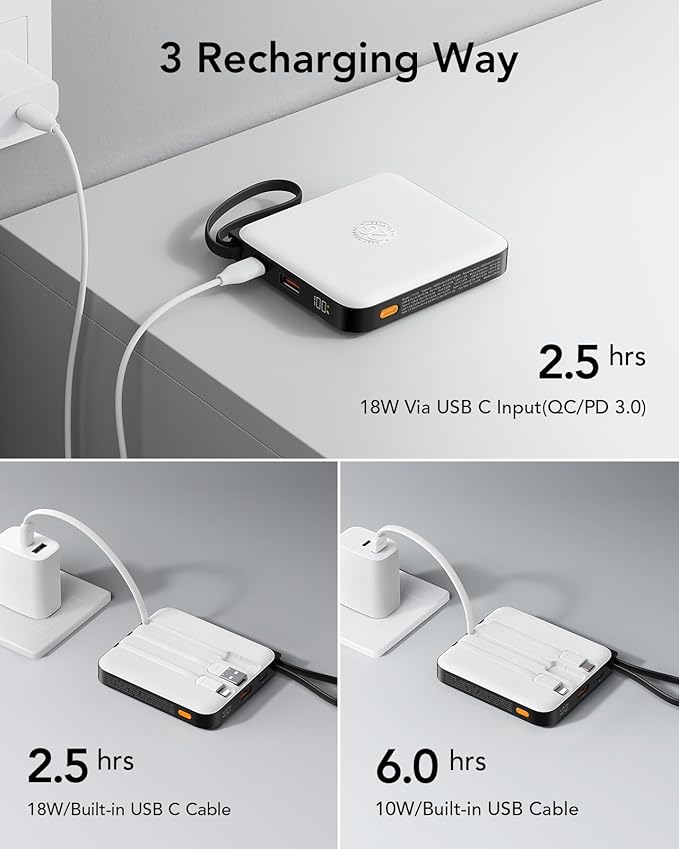 VRURC Battery Pack Portable Charger 10000mAh, 22.5W Fast Charging | Power Bank with Built-in Cable, LED Display for Cell Phone, for iPhone 17 16 15, Samsung Galaxy and USB-C Devices (White) - Image 5