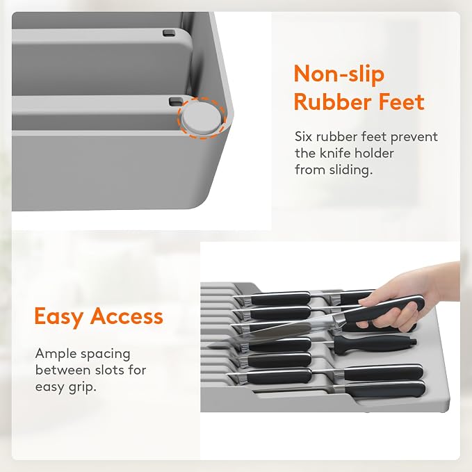 Lifewit Magnetic Drawer Knife Organizers Insert Pastic for 12 Knives, Gray | Kitchen Plastic In Drawer Knife Block Slots, Steak Chefs Knives Holder Storage for 12 Knives and 1 Sharpening Steel 16.5" - Image 6