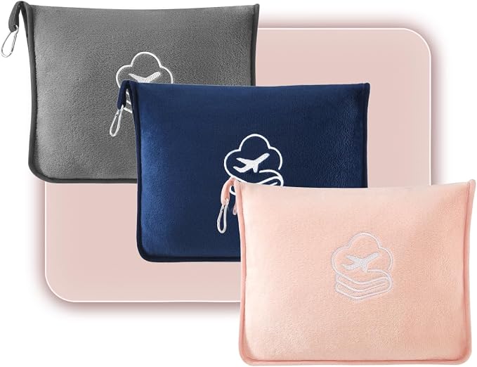 Travel Blanket, Soft 2-in-1 Airplane Blanket, Light Grey, Navy Blue, Peachy Pink, Travel Essentials Car Blanket with Luggage Sleeve & Backpack Clip by PEUJEW