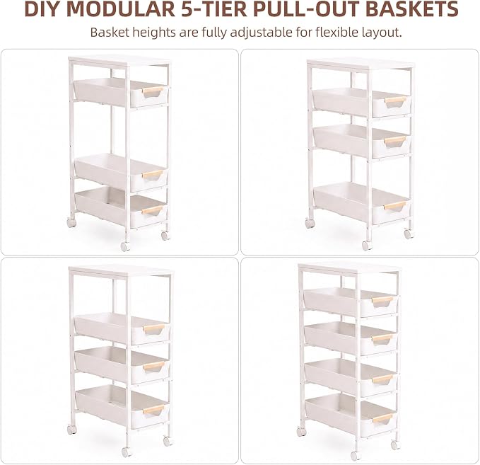 5 Tier Slim Rolling Storage Cart with Pull-Out Drawers, White | Narrow Utility Organizer Cart, Wooden Top, Wheels, For Small Spaces, Kitchen, Bathroom, Laundry Room - Image 5