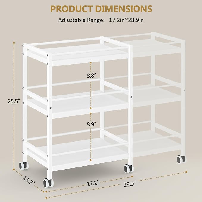 3-Tier Expandable Rolling Pantry Organizers and Storage Cart with Wheels, Adjustable Pantry Floor Organizer, Snack Cart for Pantry, Kitchen Storage Cart with 4 Hooks for Snack, Food, Vegetables, White - Image 2
