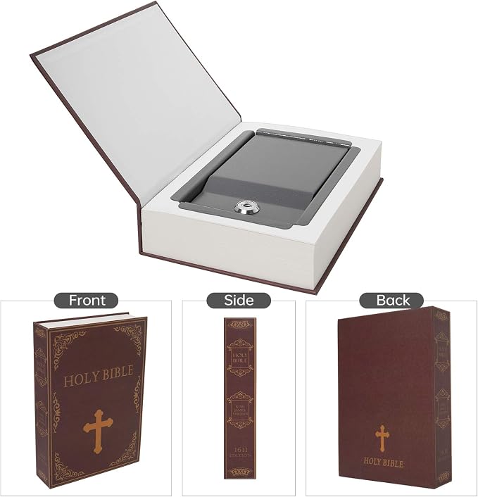 Real Paper Transfer Book Safe, Hollow with Secret Hidden Compartment, Key Lock, 8.7"×6"×2" (Bible-Key) - Image 3