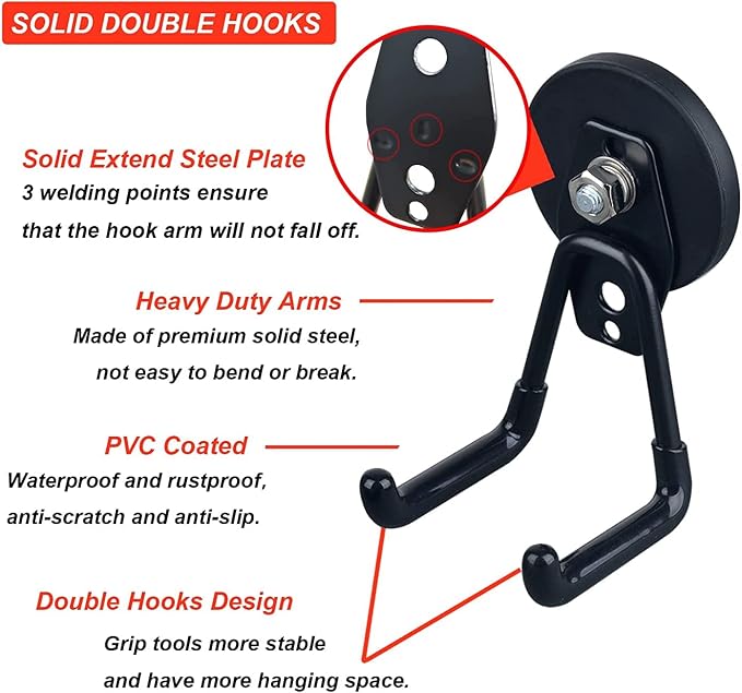 Magnetic Hooks Heavy Duty Garage Hooks Tools Organizer Anti-Slip Strong Magnetic Hooks Utility Magnet Hanging Hooks for Garage, Warehouses, Kitchen, Power Tools 2PCS Black - Image 4