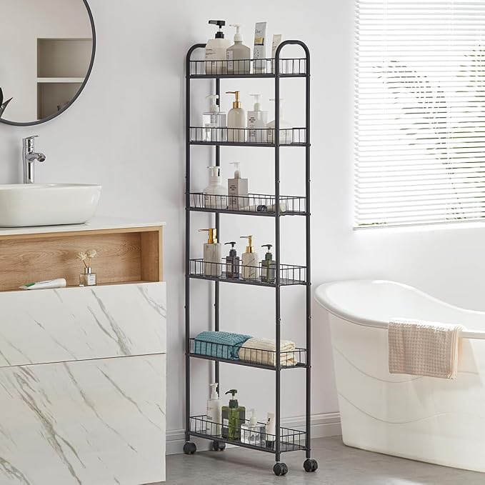 6 Tier Slim Rolling Storage Cart, Mobile Shelving Unit with Wheels, Metal Wire Storage Rack with Baskets for Kitchen Bathroom Office Laundry Narrow Piaces (6in Slim Rolling Cart) - Image 3
