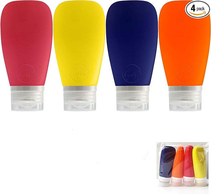 Travel Bottles for Toiletries, TSA Approved 3 oz Leak Proof Silicone Soft Refillable Squeeze Travel Size Containers BPA Free for Cleansers, Lotions, Shampoo, Conditioner (red,yellow,blue,orange) by Lyob
