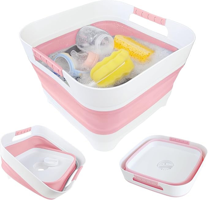 2.6 Gal(10L) Collapsible Wash Basin for Baby Bottles,Pink Space-Saving Collapsible Dish Basin with Drain Plug for bottle washing, Collapsible Bucket for RV Kitchen Essentials by Gimwa-foldtokeepopenformore