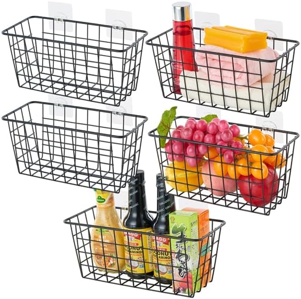 JUNCHU CHERRY 5 Pack Hanging Storage Basket, Bathroom Basket, Household Goods, with Traceless Tape, no Drilling, for Cabinet Storage, Kitchen, Bathroom, Storage Room,Black by JUNCHUCHERRY