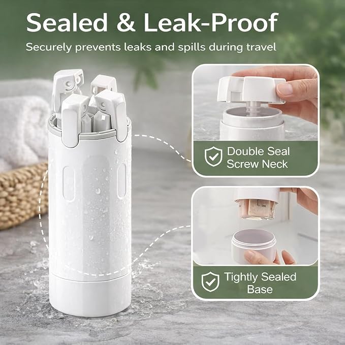 4-in-1 Travel Bottles for Toiletries, Travel Pump Bottle，Leak-Proof Shampoo Conditioner Lotion Dispenser with Pump, Compact No-Spill Toiletry Containers for Travel & Business Trips (White) - Image 5
