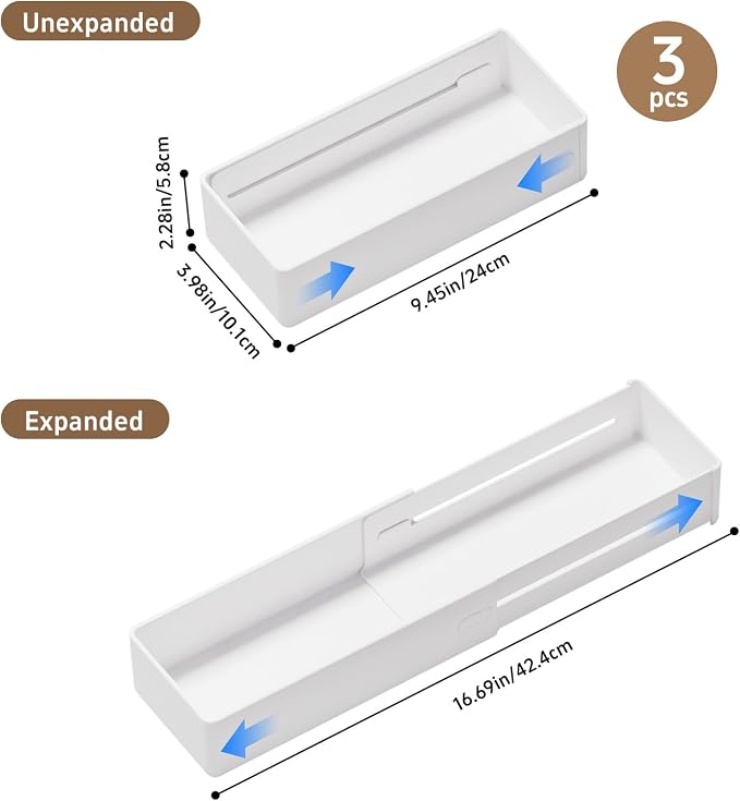 PAVSTINE 3-Pack Expandable Drawer Organizers for Desk Accessories, Small | Adjustable 9.45"–16.69", Customizable Compartments, Scalable Trays for Makeup, Kitchen, Bathroom, Vanity & Office - Image 2