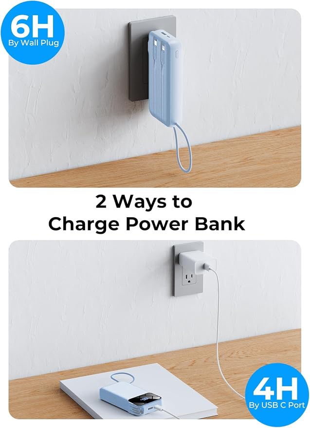 Portable Charger 50000mAh, Power Bank with Built-in Cables & Wall Plug | Fast-Charging, Ultra-High-Capacity Battery Pack for Travel Essential, for iPhone, Samsung, Google Pixel, and iPad-Sky Blue - Image 7