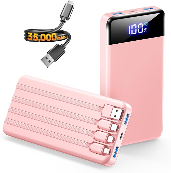 SABANI Portable Charger 35000mAh Power Bank, 4 Built in Cable Big Capacity | Ultra Slim, 22.5W Fast Charge, Travel Camping Essential, USB C External Battery Pack for iPhone Samsung Android, Pink by SABANI
