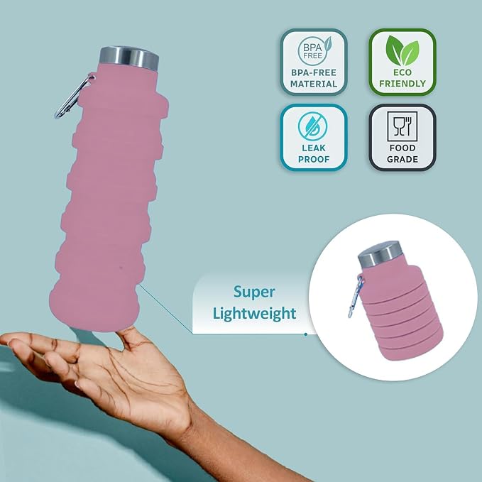 Collapsible Water Bottles 17oz, Odorless BPA-Free Silicone, Leak-Proof Foldable Reusable Bottle - Perfect for Travel Sports Gym Hiking Camping Cycling - Pink - Image 4