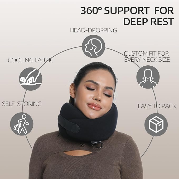 Travel Pillow - Adjustable Memory Foam Neck Pillow for Airplane, 360° Support, Comfortable Ergonomic Travel, Flight, Road Trip, Roll-Up Portable, Breathable Cooling Fabric - Image 2