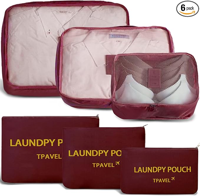 6 Set Packing Cubes for Travel Luggage Packing Bags Reusable Lightweight Suitcase Organizer Cubes Set for Travel Accessories (Wine Red) by INVODA