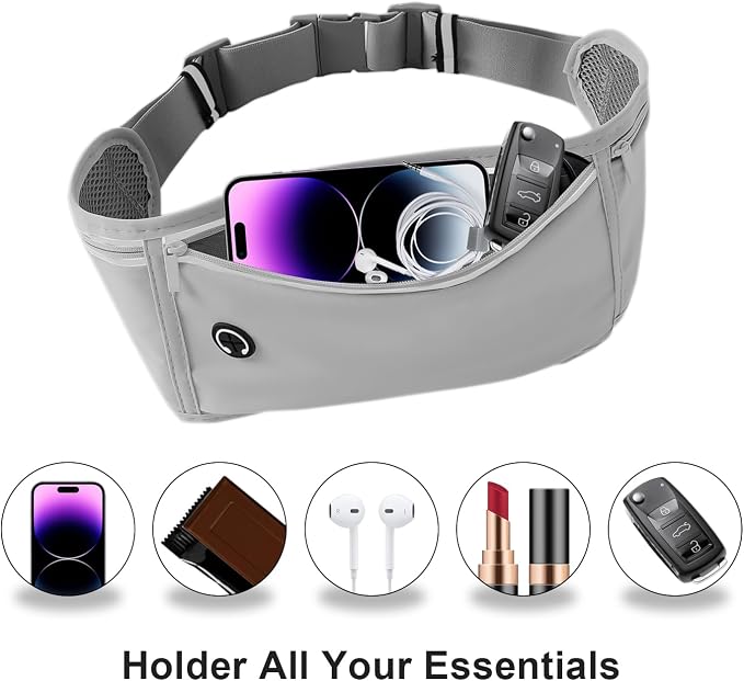 Slim Running Belt for Women Men, Runners Fanny Pack Phone Holder, Money Belt, Running Gear Accessories, with 3 Pockets, Light Gray - Image 2