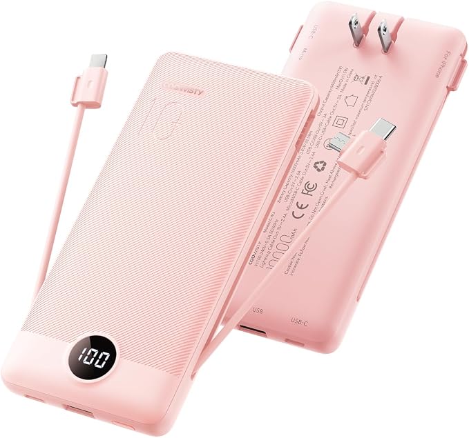 Portable Charger Built-in Cables and Wall Plug, 10000mAh Slim USB C Power Bank, LED Display External Battery Pack Compatible with iPhone/Android & More (Pink) by KeepYourLifeCharged%EF%BC%81