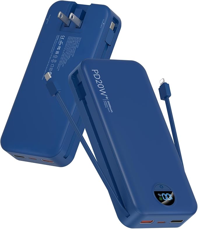 citicr Portable Charger 20000mAh PD20W w/Built-in Cables & Wall Plug Navy | High capacity, Fast charging, Built-in wall plug, LED display, Charge 5 devices at once, Pass through charging, TSA approved by CITICR