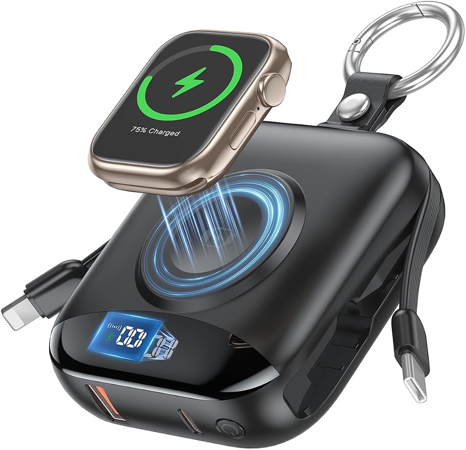 citicr Portable Charger 10000mAh w/Built-in Cables & iWatch Charger Black | Fast charging, Built-in cables, LED display, Charge 5 devices at once, Ring buckle, TSA approved, Pocket size, Charge iWatch by CITICR
